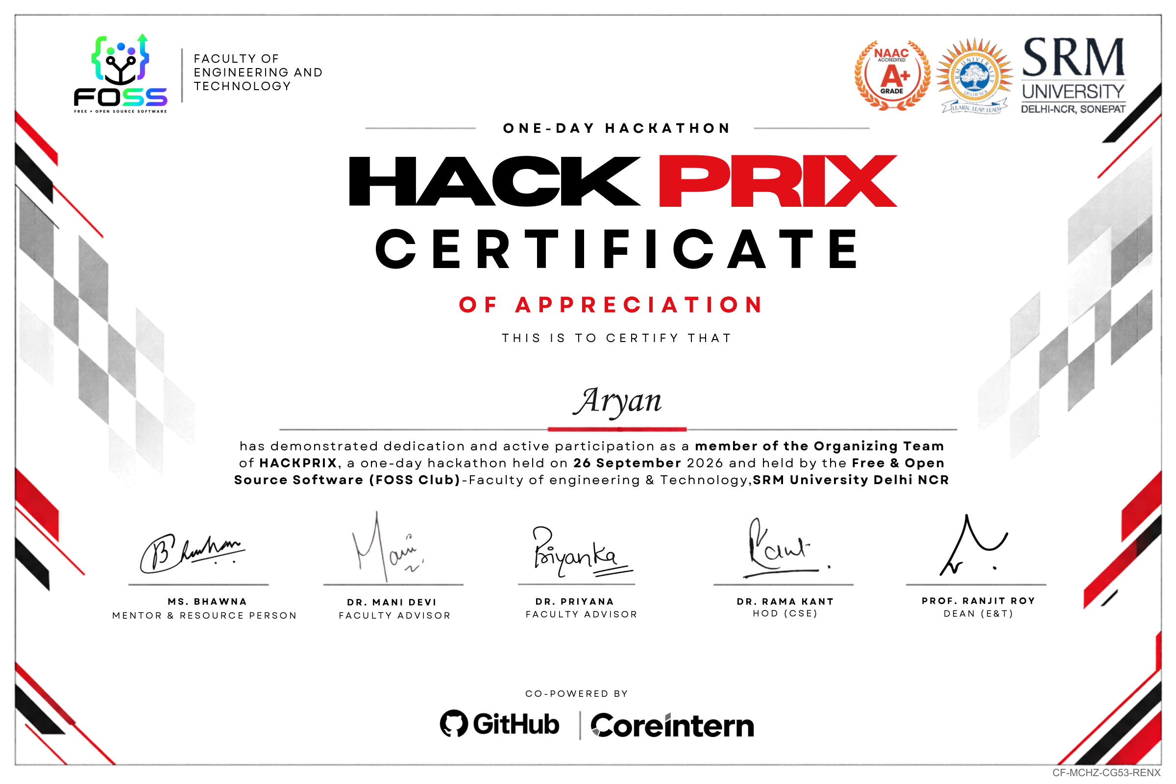 HackPrix Certificate of Appreciation awarded to Aryan as a member of the organizing team